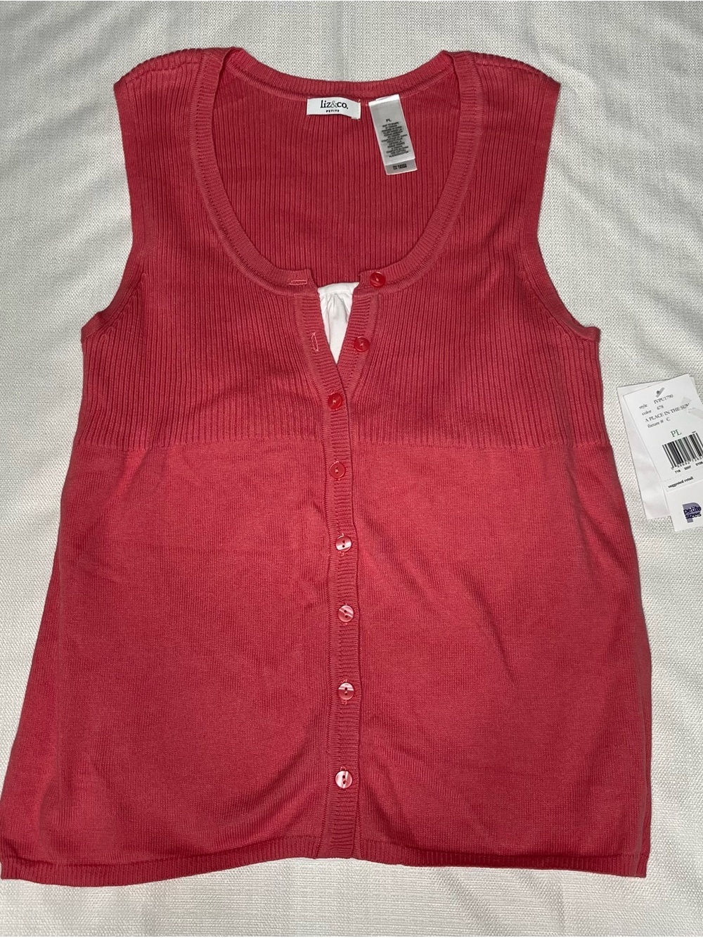 liz & co. 100% Cotton Coral Button Front Sweater Tank Ribbed Knit Layering Top